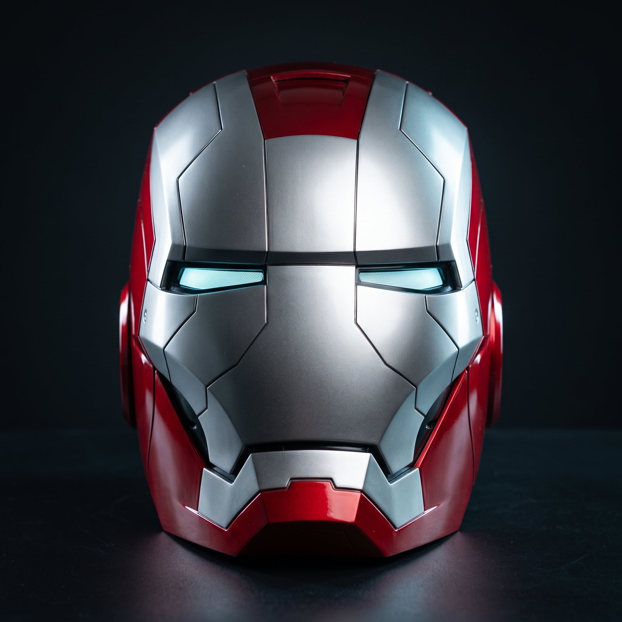 Mark V Iron Man helmet in matte silver and red, front view with LED eyes lit, 1:1 wearable