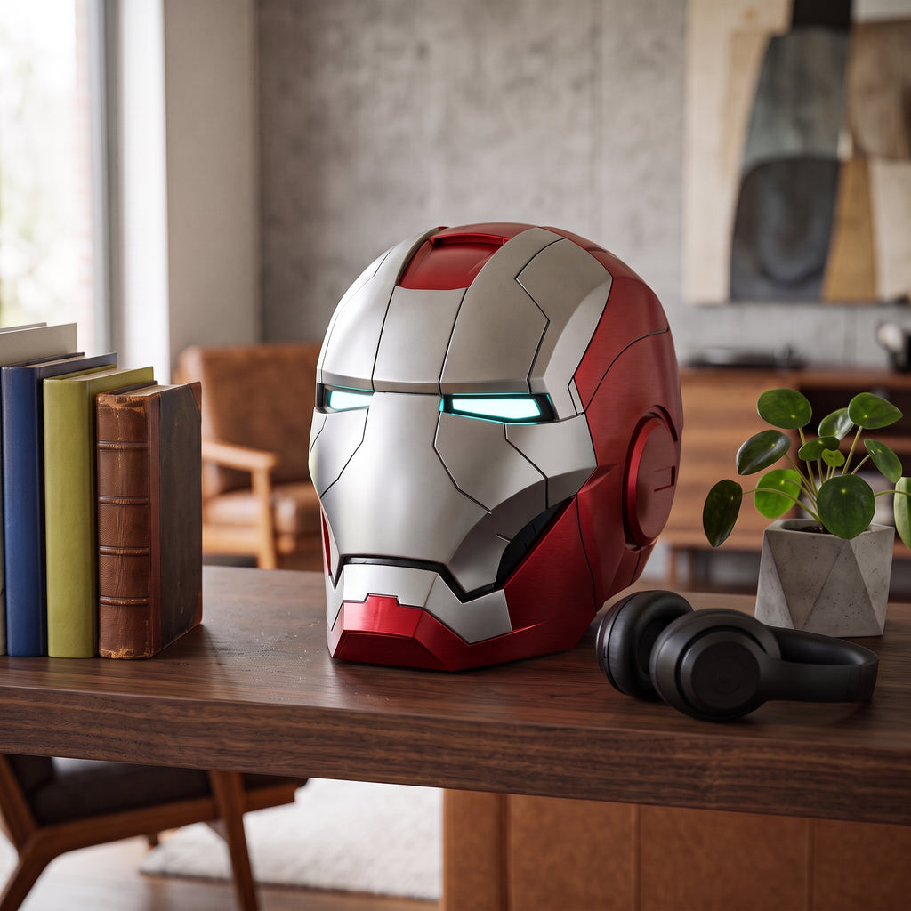 Matte silver and red Mark V Iron Man helmet on a living room shelf, showing 1:1 adult scale