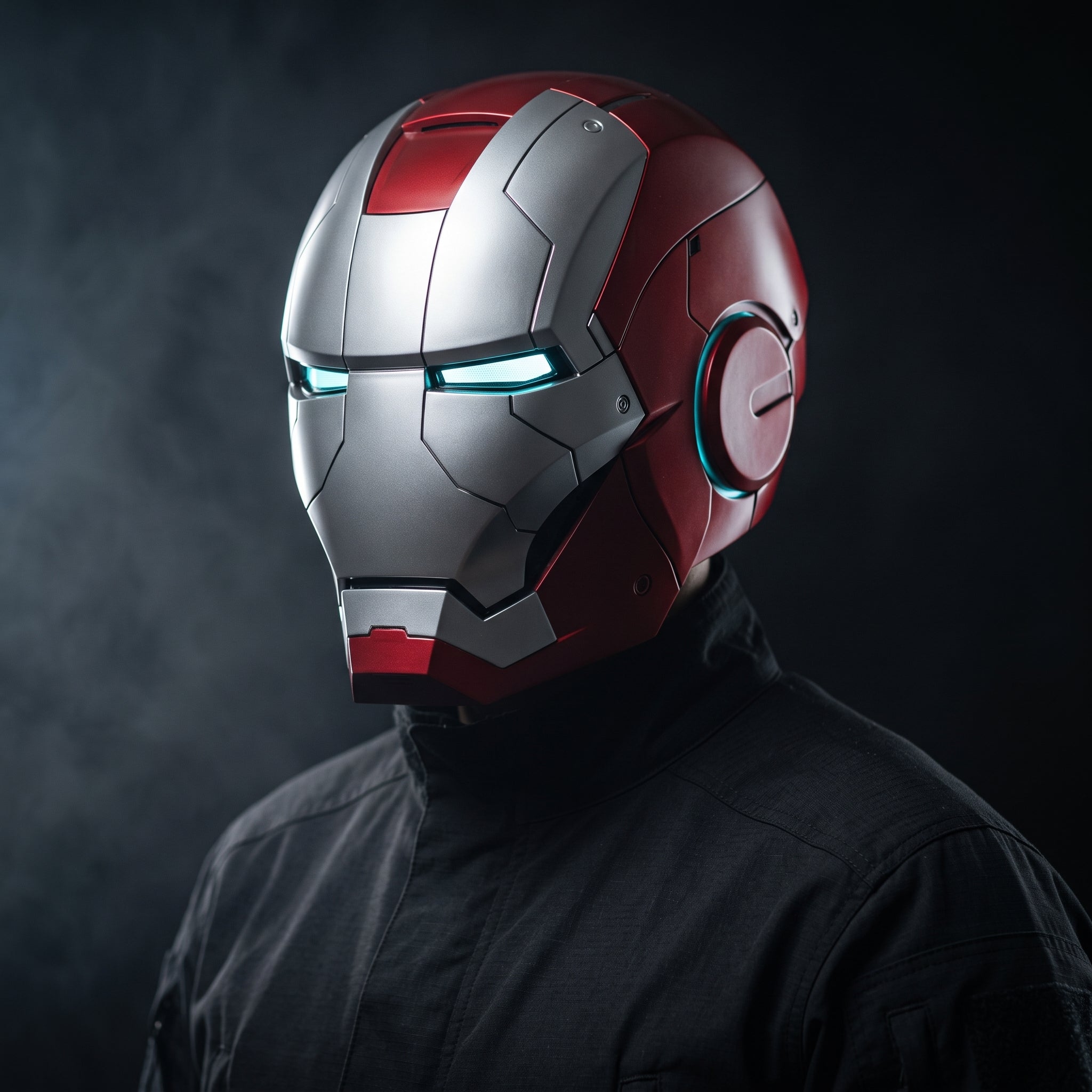 Adult wearing the matte silver and red Mark V Iron Man helmet with the LED eyes lit