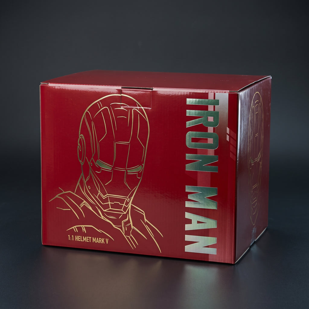 Mark V Iron Man helmet retail box, closed, showing the printed front and side artwork