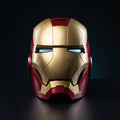 Mark V Iron Man helmet in matte gold and red, front view with LED eyes lit, 1:1 wearable