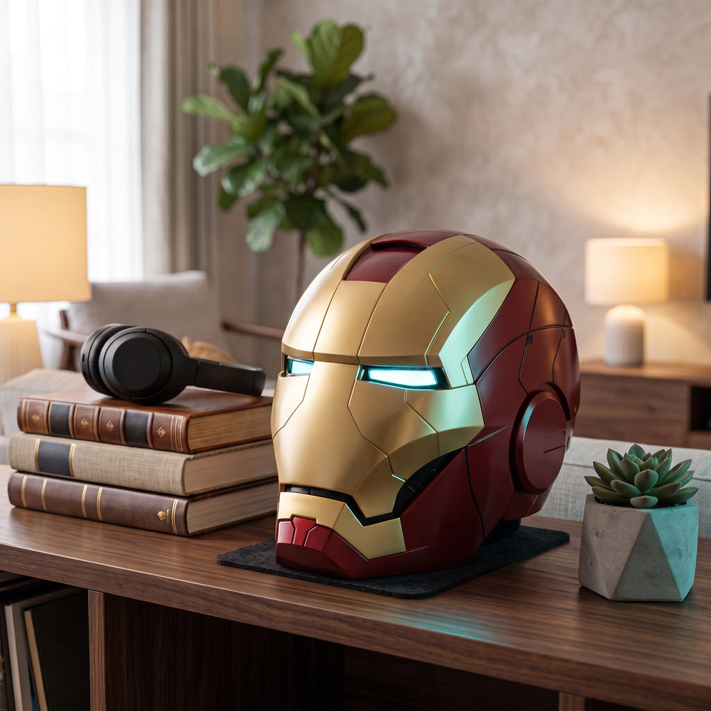 Matte gold and red Mark V Iron Man helmet on a living room shelf, showing 1:1 adult scale