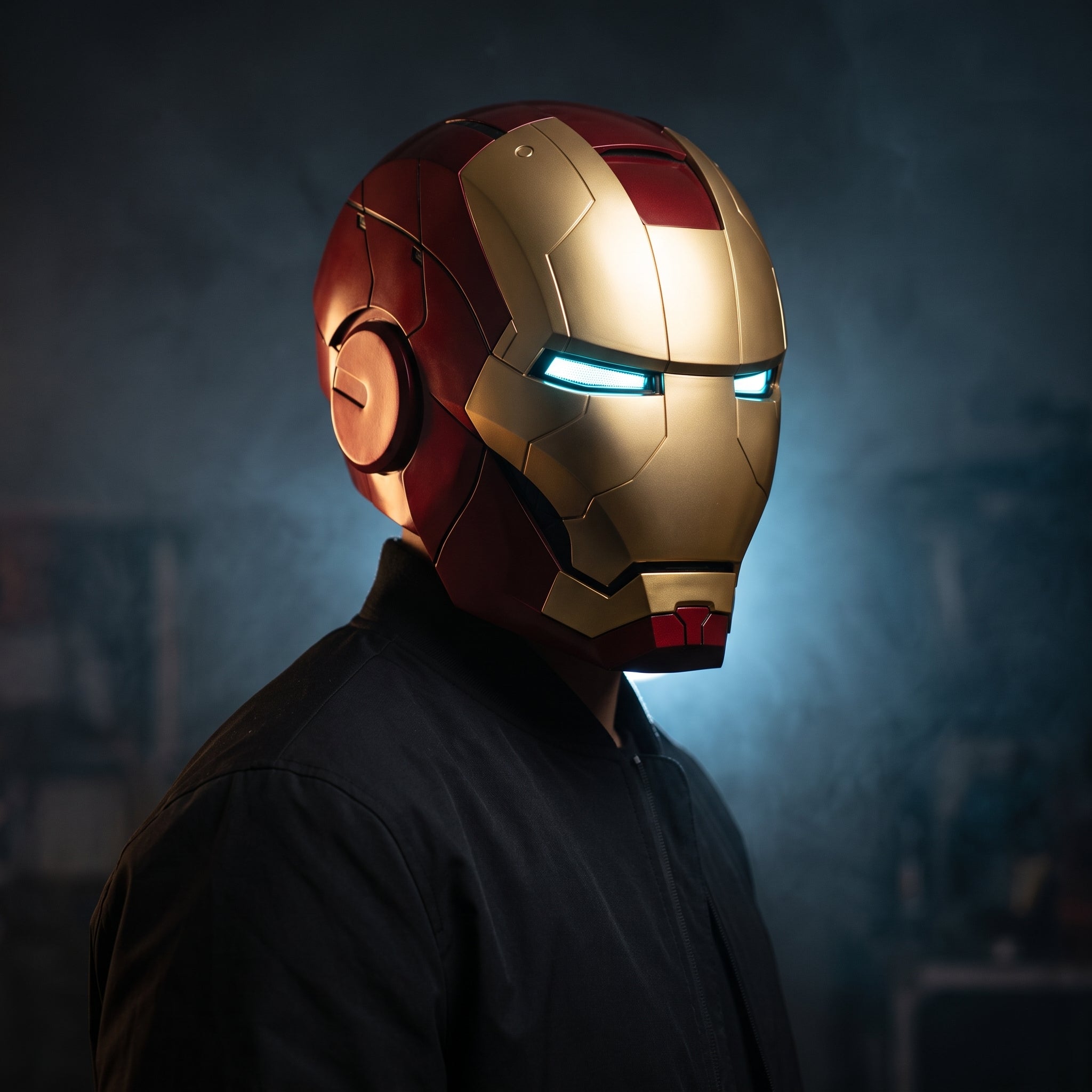 Adult wearing the matte gold and red Mark V Iron Man helmet with the LED eyes lit