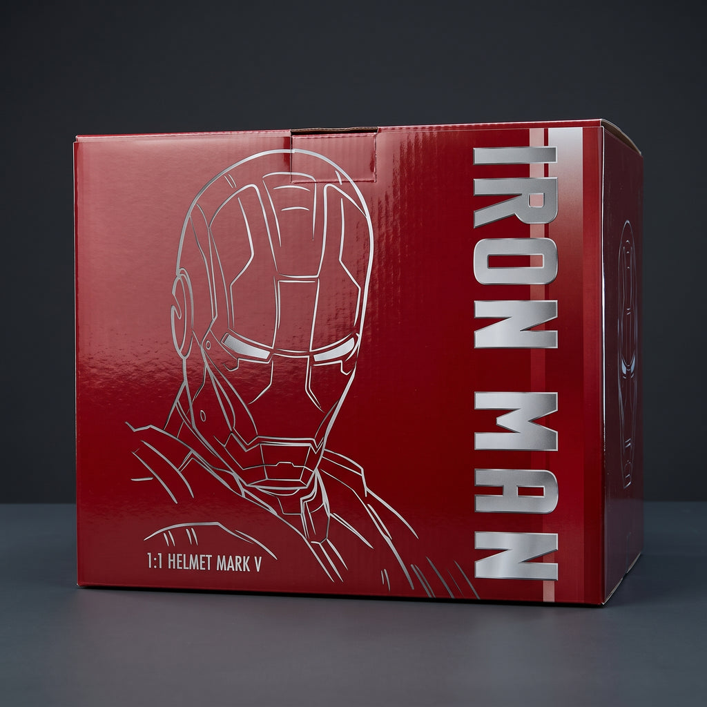 Mark V Iron Man helmet retail box, closed, showing the printed front and side artwork