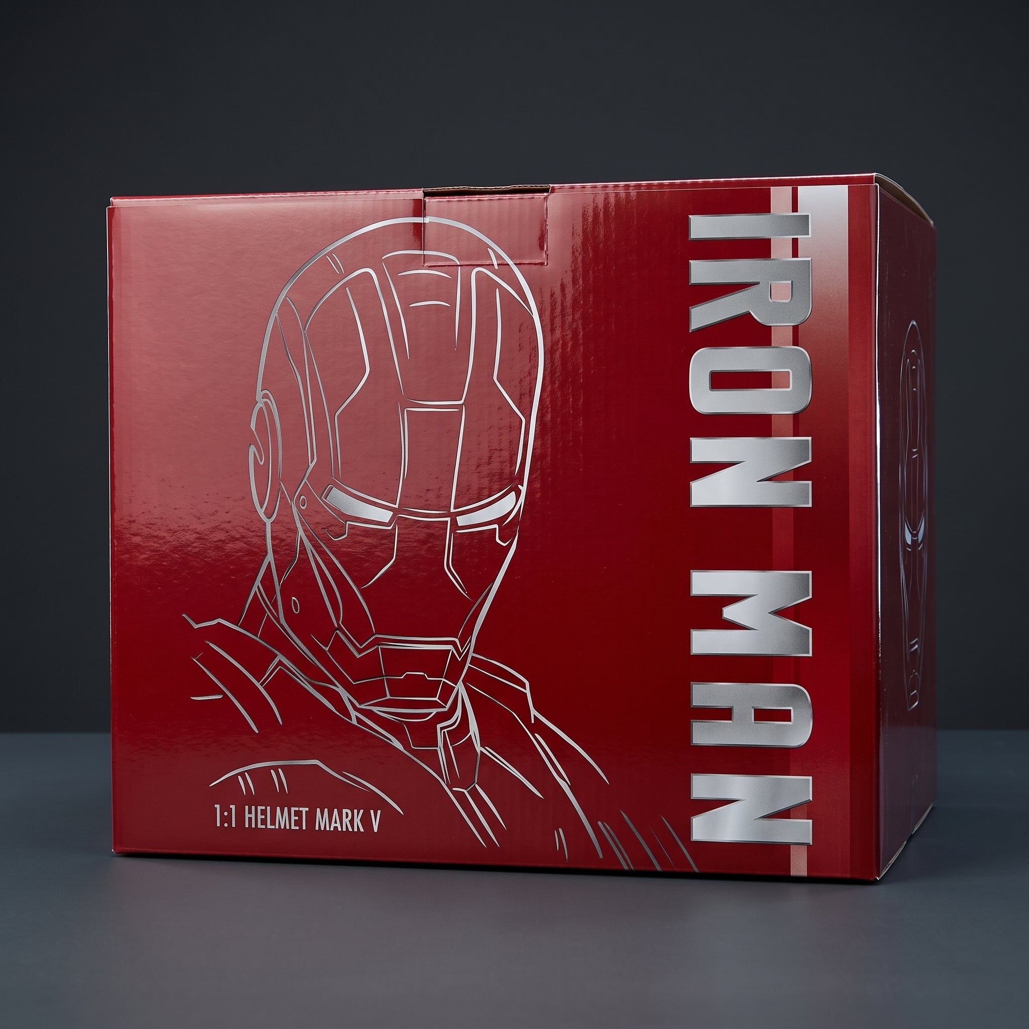 Mark V Iron Man helmet retail box, closed, showing the printed front and side artwork
