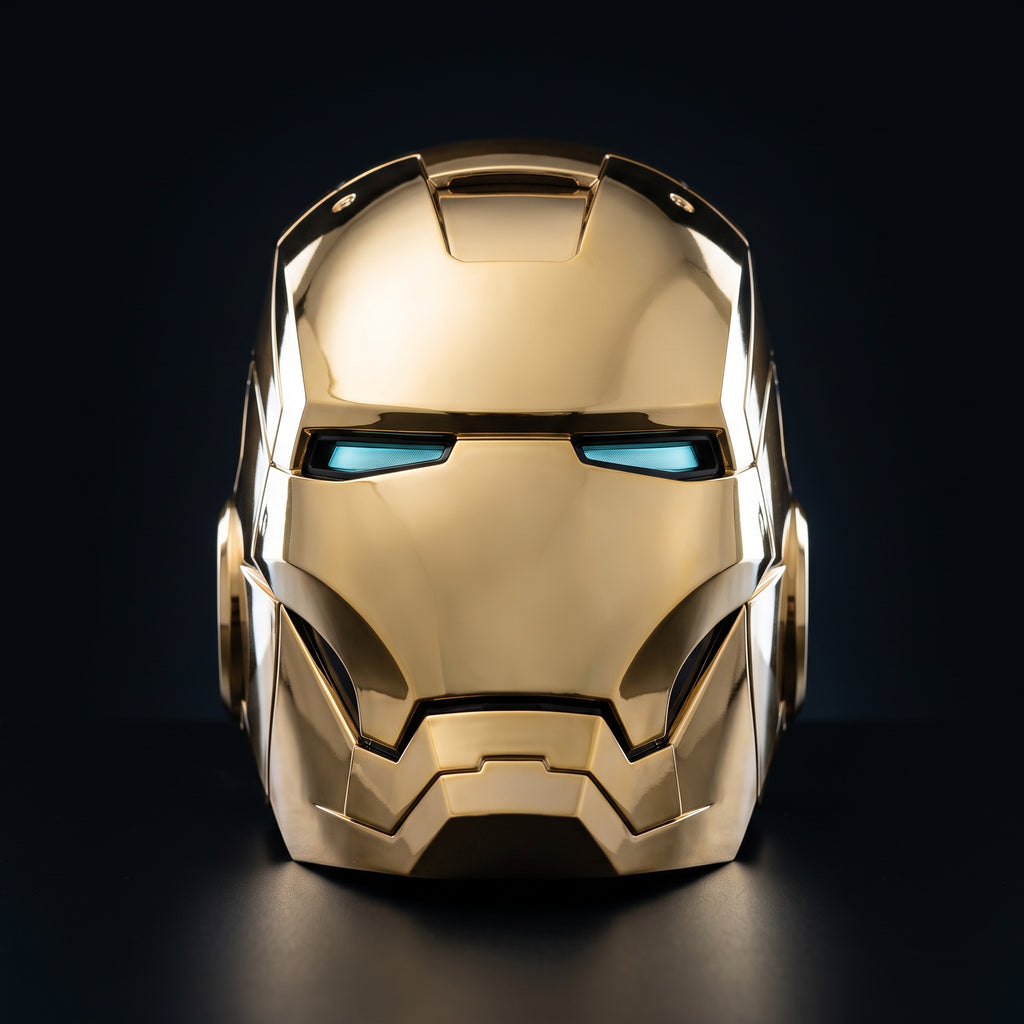 Mark V Iron Man helmet in full mirror gold, front view with LED eyes lit, 1:1 wearable