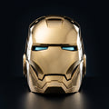 Mark V Iron Man helmet in full mirror gold, front view with LED eyes lit, 1:1 wearable
