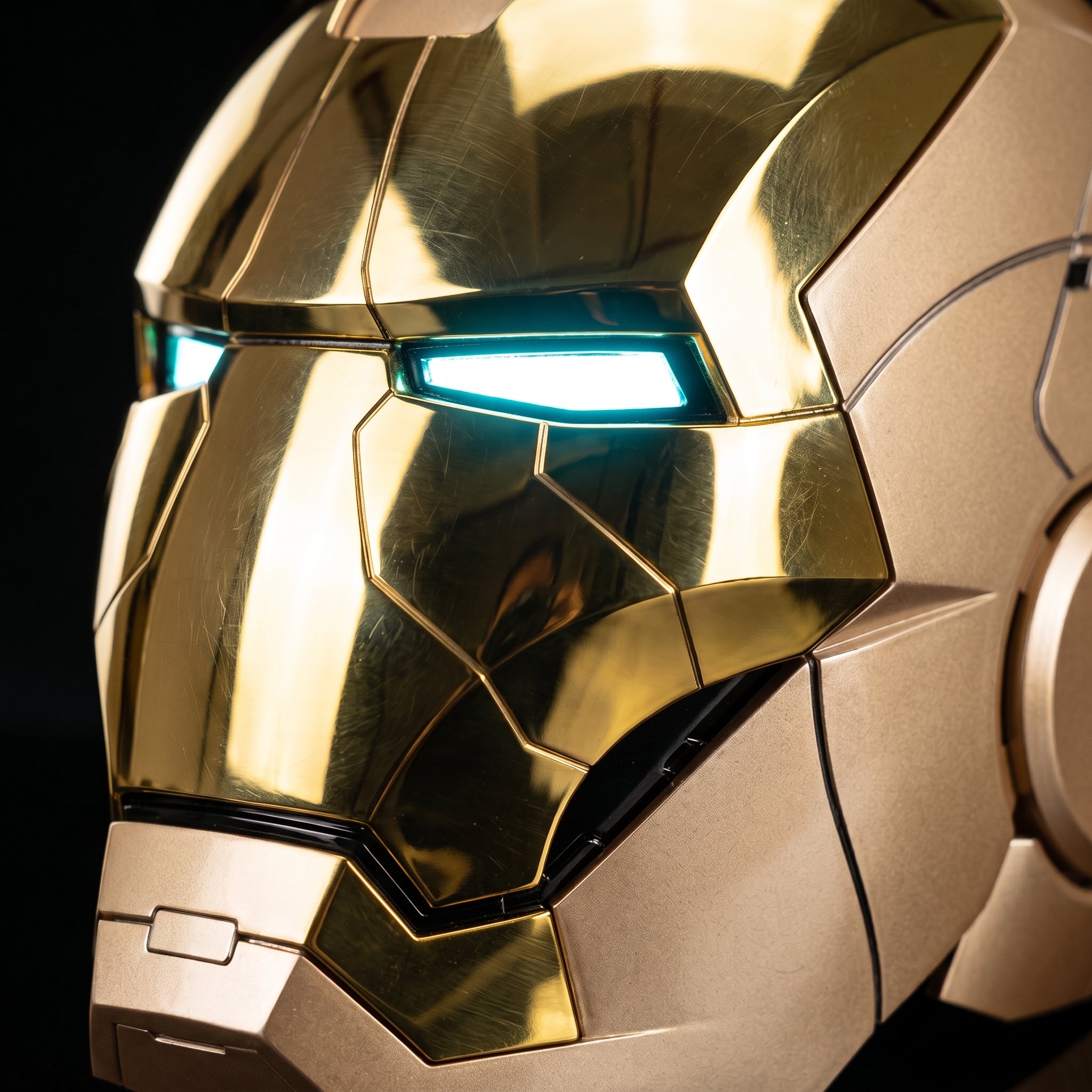 Close-up of the full mirror gold Mark V helmet showing seams and lit LED eye slits