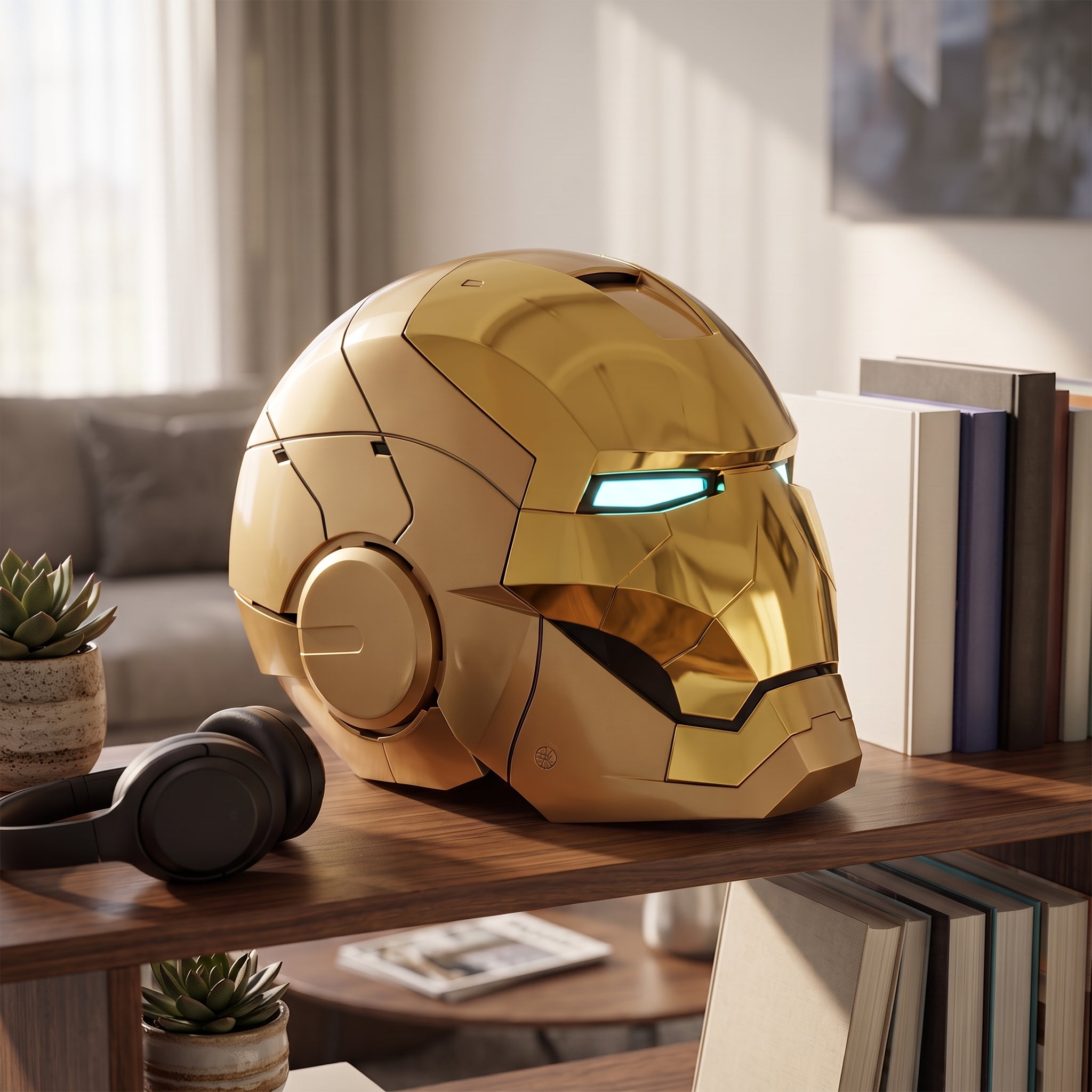 Full mirror gold Mark V Iron Man helmet on a living room shelf, showing 1:1 adult scale