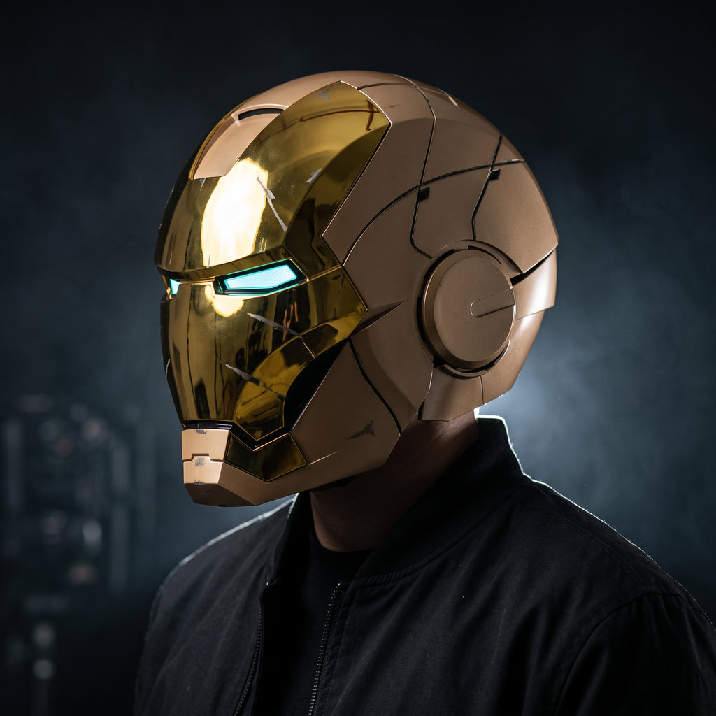 Adult wearing the full mirror gold Mark V Iron Man helmet with the LED eyes lit