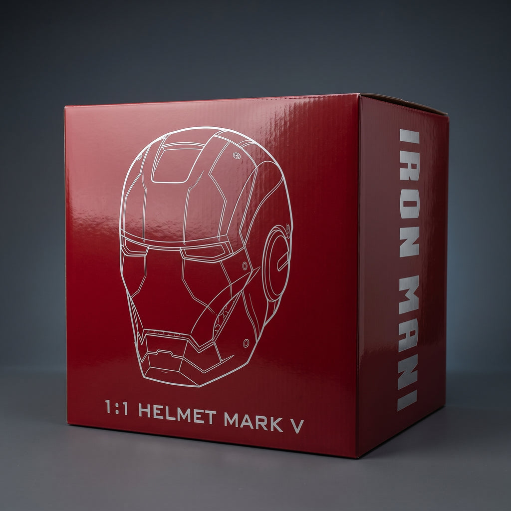 Mark V Iron Man helmet retail box, closed, showing the printed front and side artwork