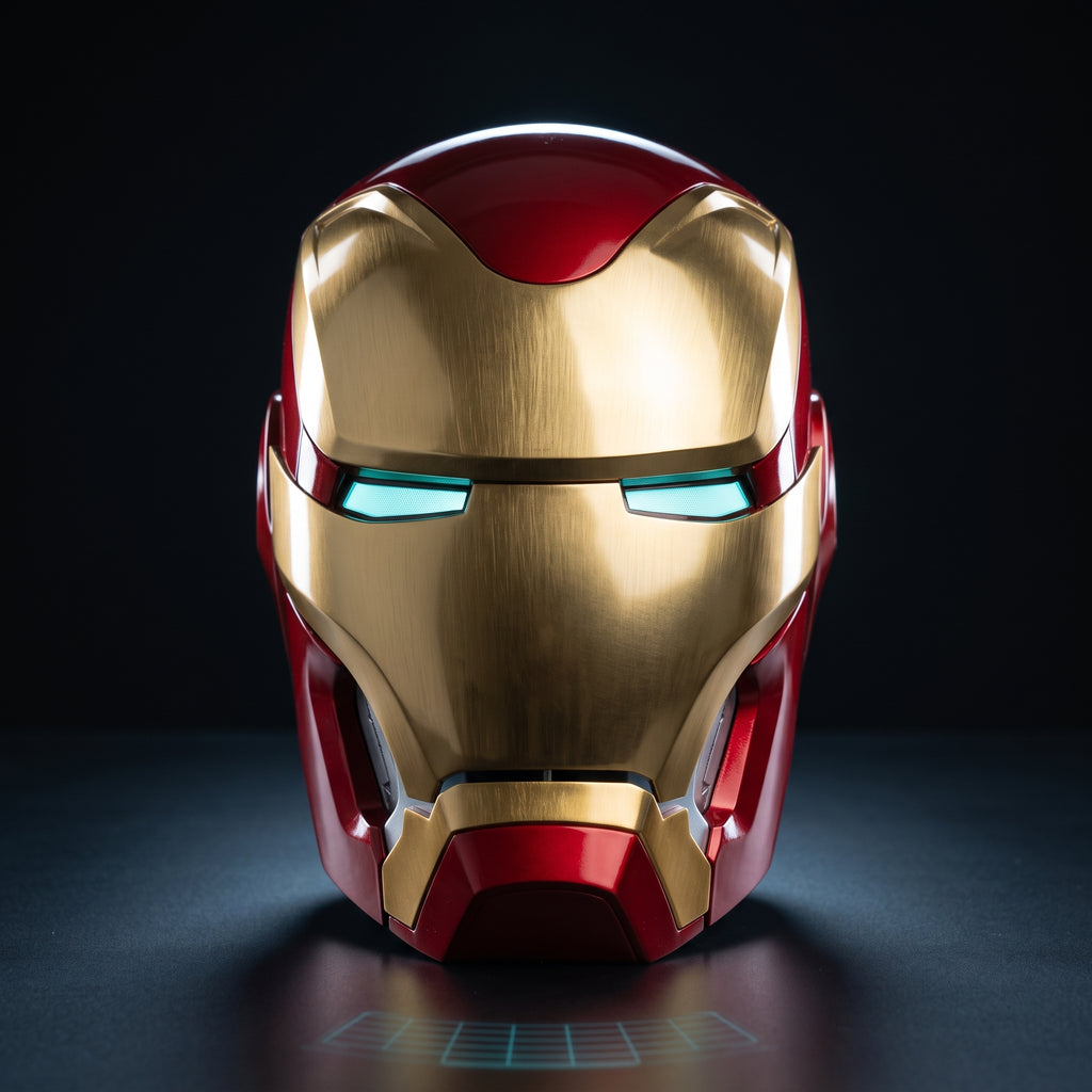 Mark L Iron Man helmet in red and gold, front view with LED eyes lit, 1:1 wearable by ArcForge