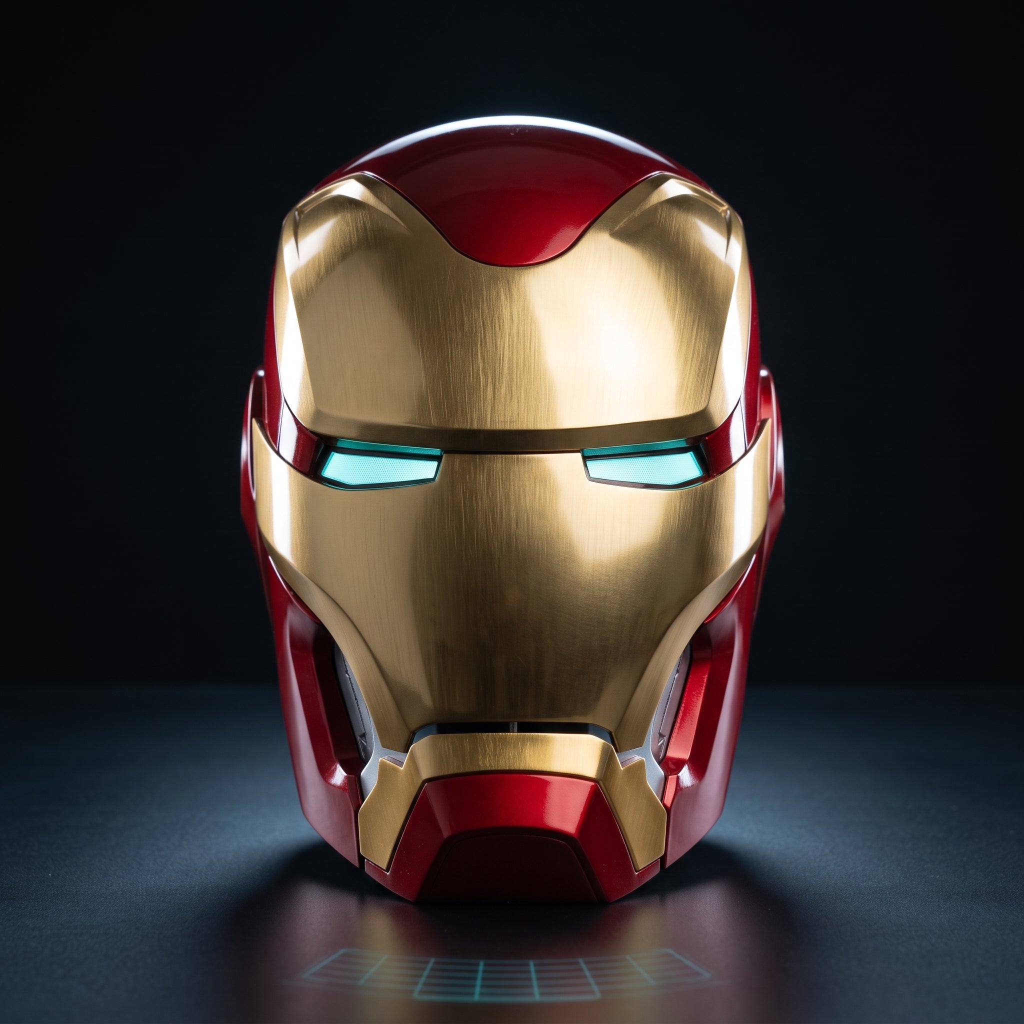 Mark L Iron Man helmet in red and gold, front view with LED eyes lit, 1:1 wearable by ArcForge