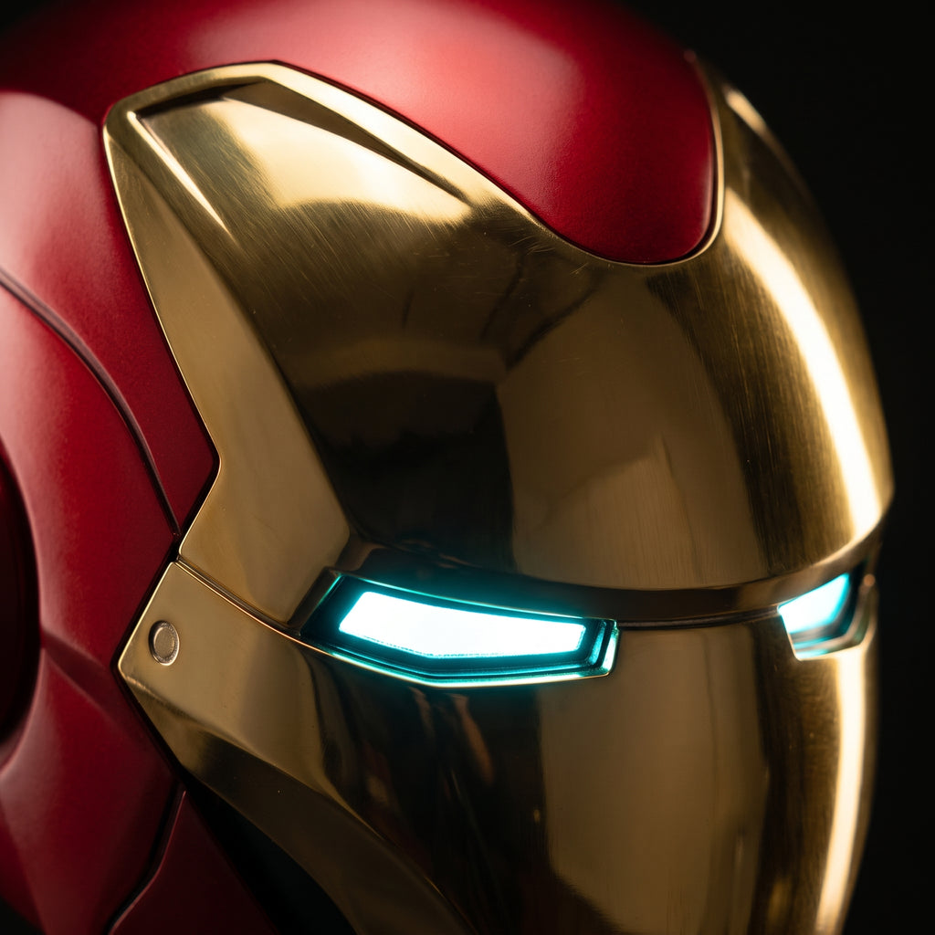 Close-up of the red and gold Mark L helmet showing panel seams and illuminated LED eye slits