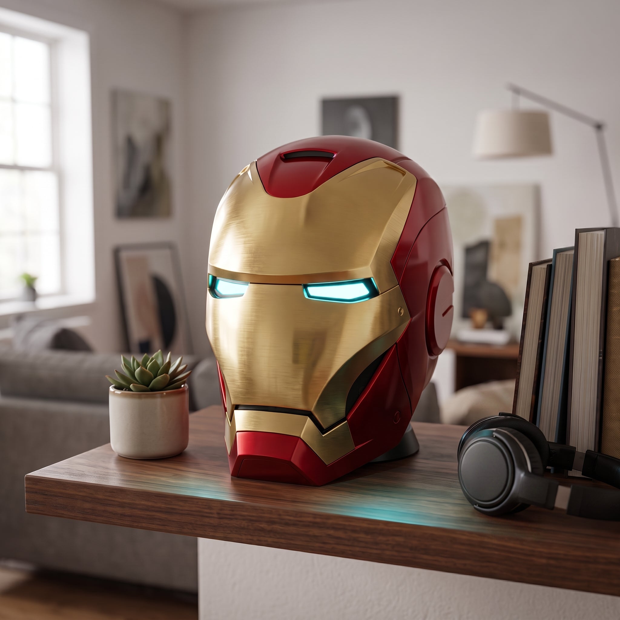 Red and gold Mark L Iron Man helmet displayed on a living room shelf, showing 1:1 adult scale