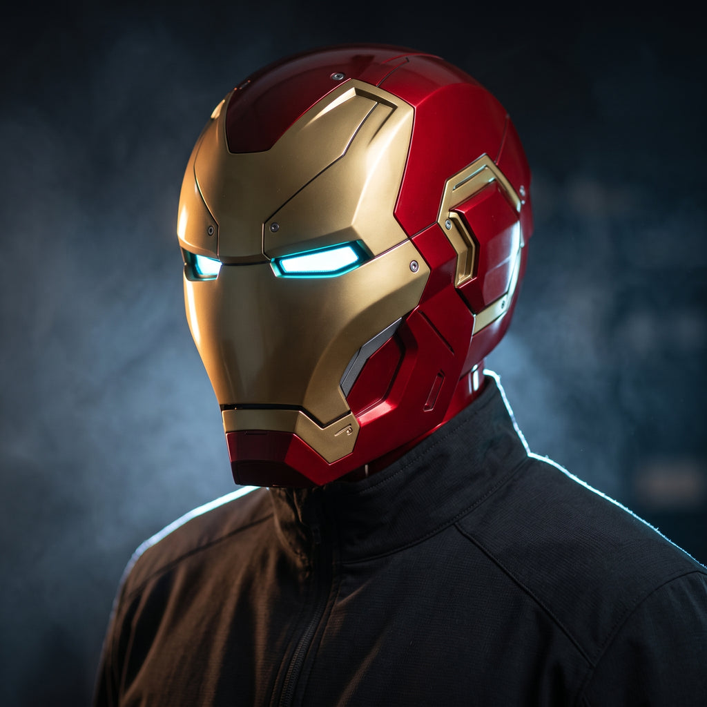 Adult wearing the red and gold Mark L Iron Man helmet with the LED eyes lit