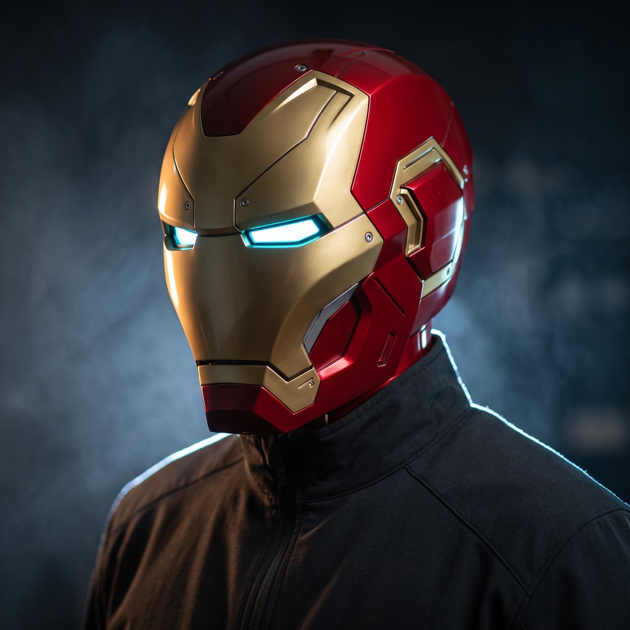 Adult wearing the red and gold Mark L Iron Man helmet with the LED eyes lit