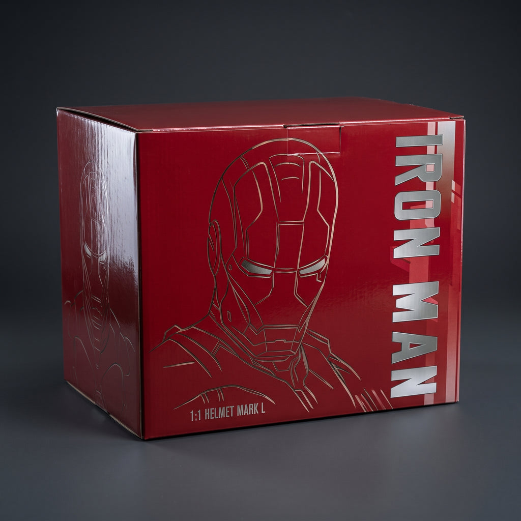 Mark L Iron Man helmet retail box, closed, showing the printed front and side artwork