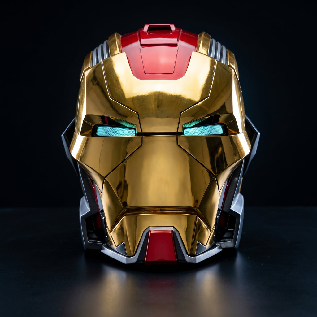 Mark XVII Iron Man helmet in gold and red, front view with LED eyes lit, 1:1 wearable
