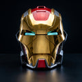 Mark XVII Iron Man helmet in gold and red, front view with LED eyes lit, 1:1 wearable
