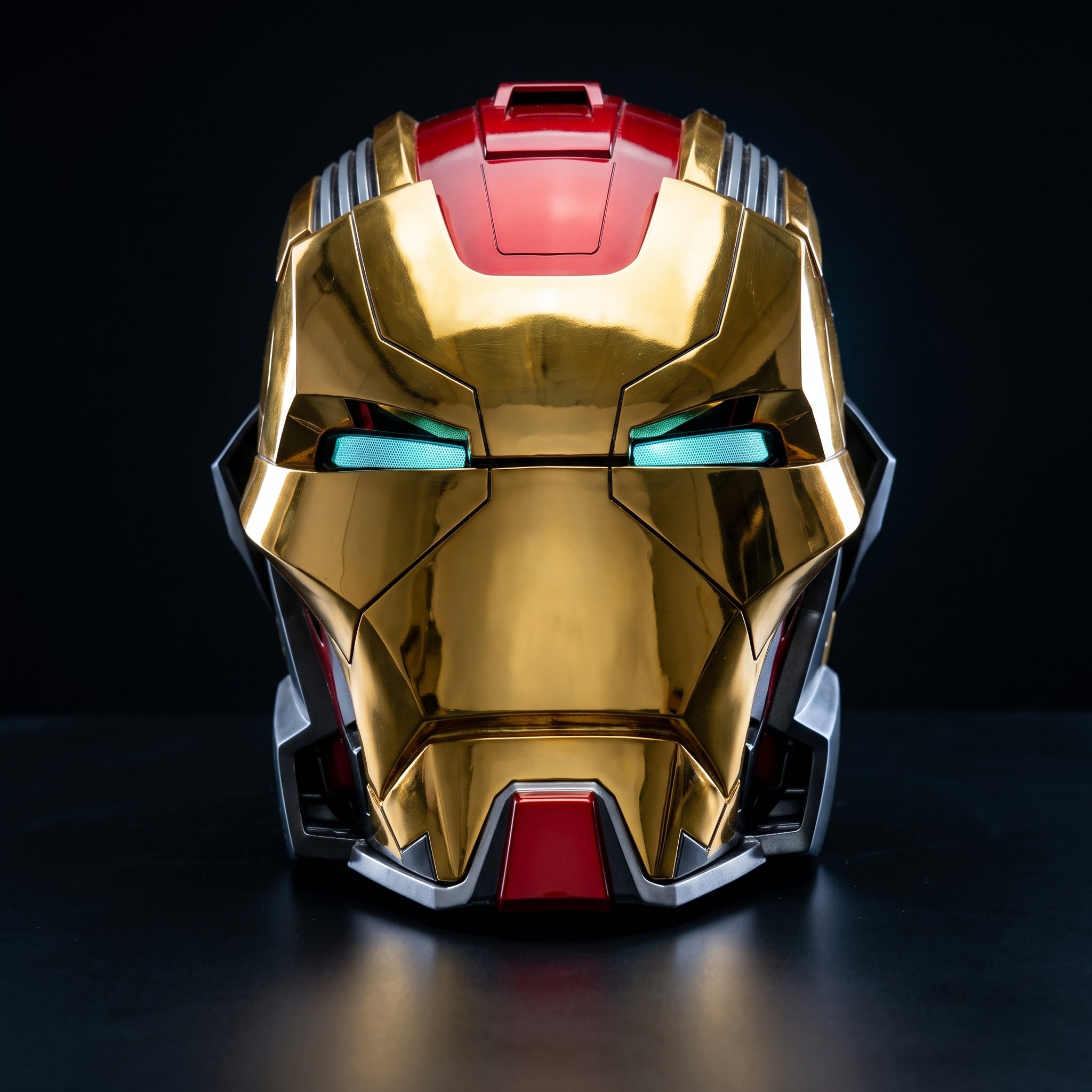 Mark XVII Iron Man helmet in gold and red, front view with LED eyes lit, 1:1 wearable