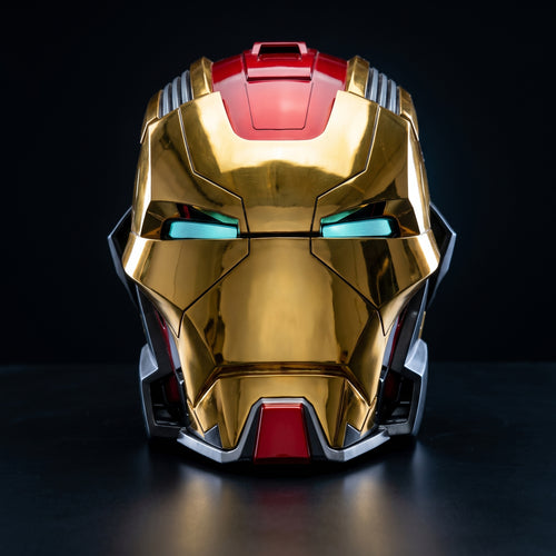 Mark XVII Iron Man helmet in gold and red, front view with LED eyes lit, 1:1 wearable