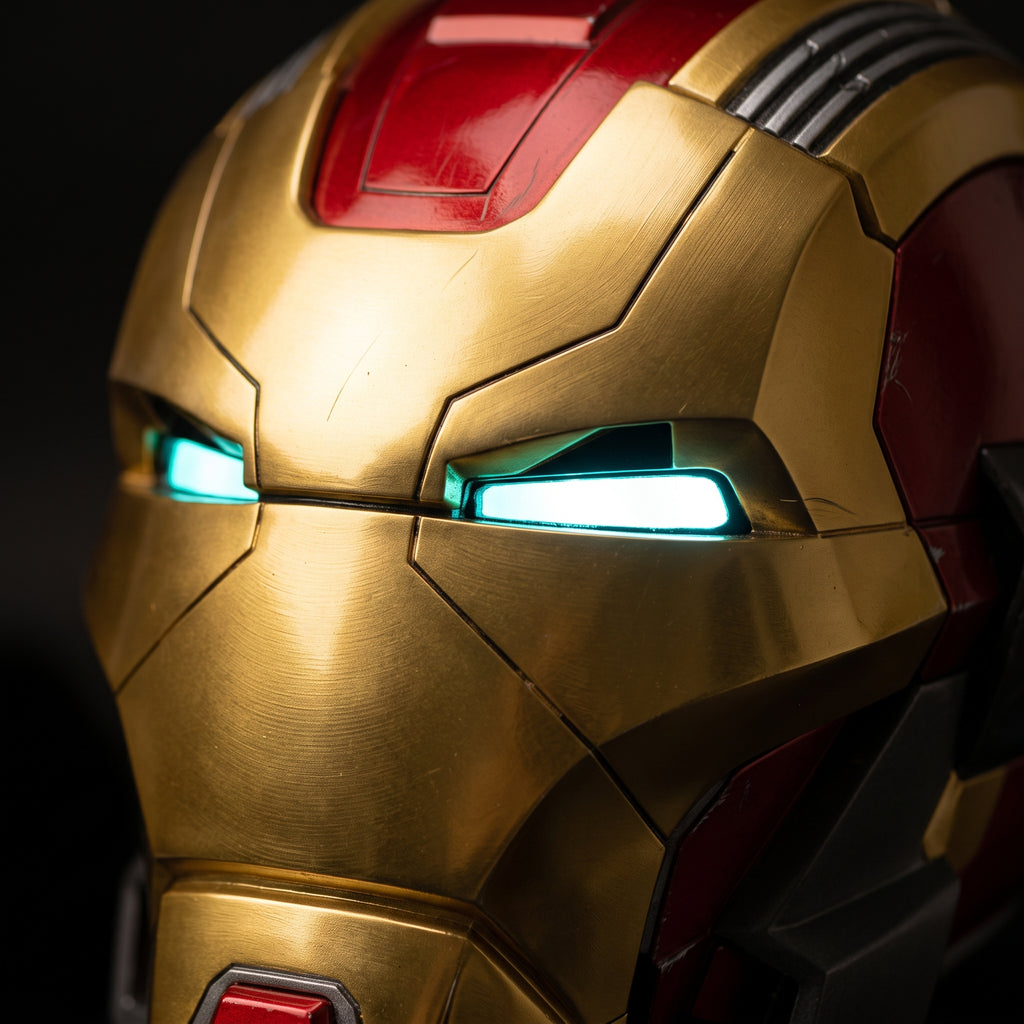 Close-up of the gold and red Mark XVII helmet showing seams and lit LED eye slits
