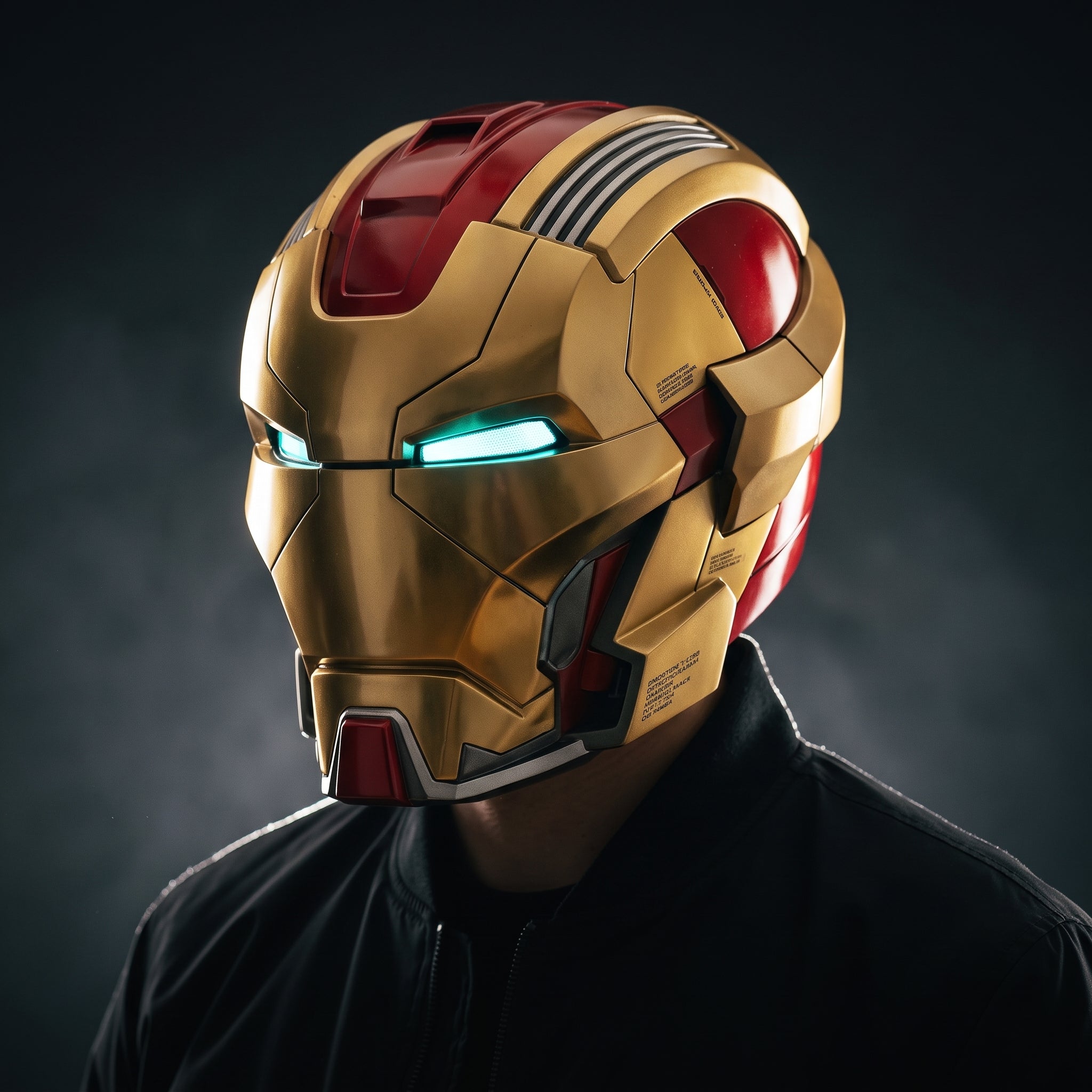 Adult wearing the gold and red Mark XVII Iron Man helmet with the LED eyes lit