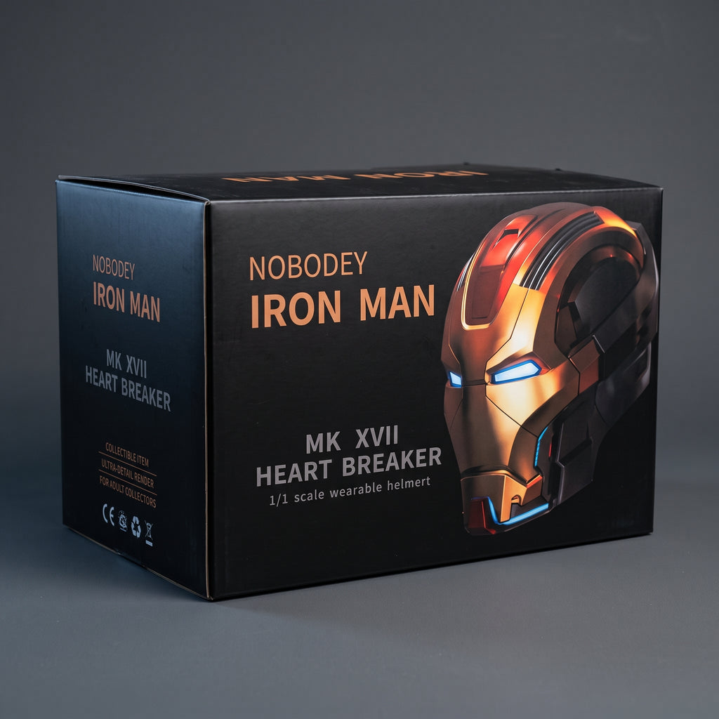 Mark XVII Iron Man helmet retail box, closed, showing the printed front and side artwork