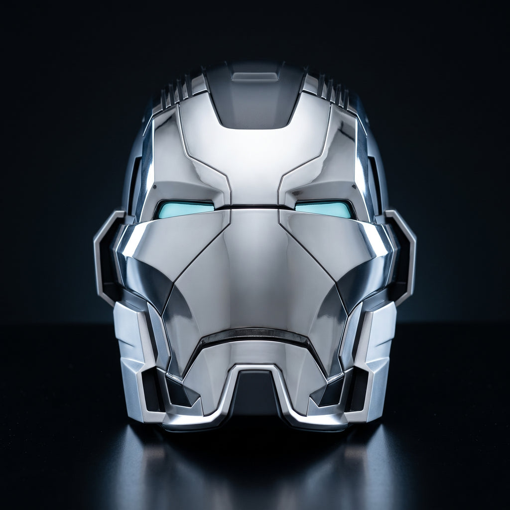 Mark XVII Iron Man helmet in mirror chrome and matte black, LED eyes lit, 1:1 wearable
