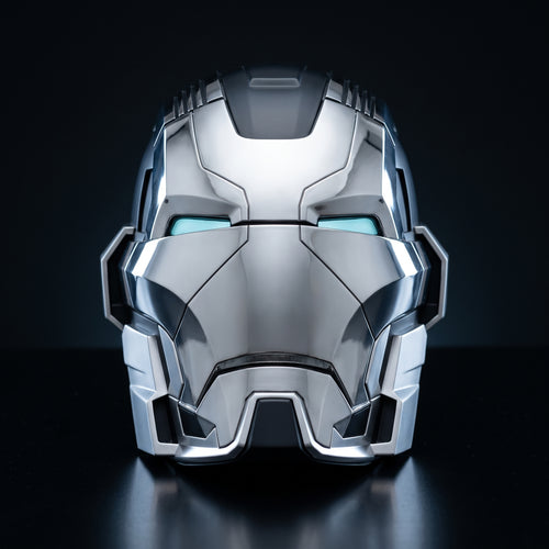 Mark XVII Iron Man helmet in mirror chrome and matte black, LED eyes lit, 1:1 wearable