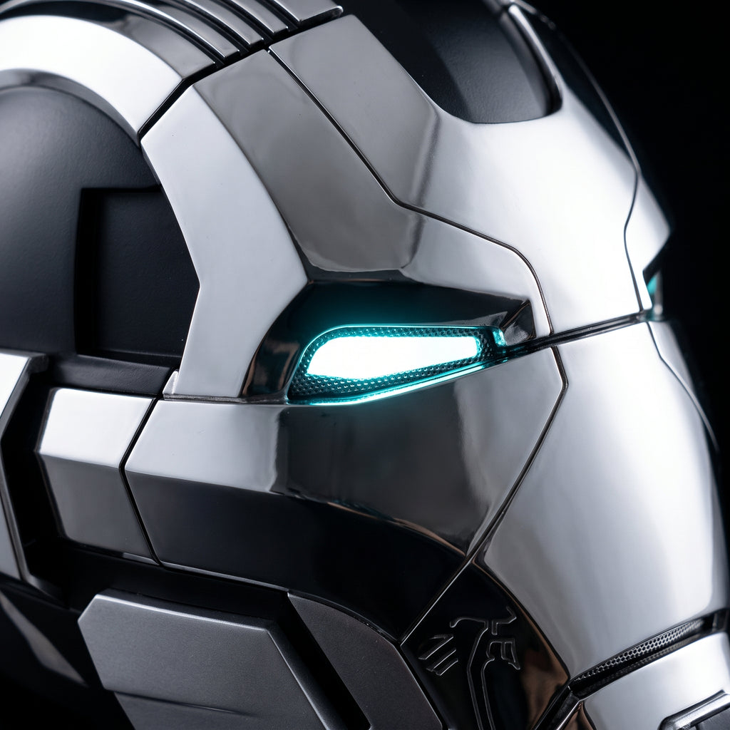 Close-up of the chrome and black Mark XVII helmet showing seams and lit LED eye slits