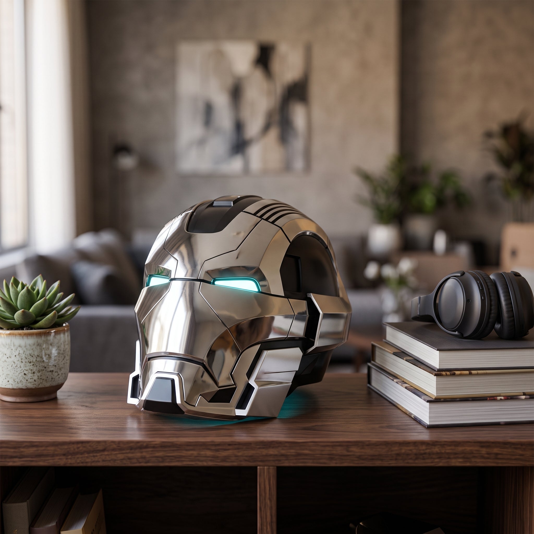 Chrome and black Mark XVII Iron Man helmet on a living room shelf, showing 1:1 adult scale