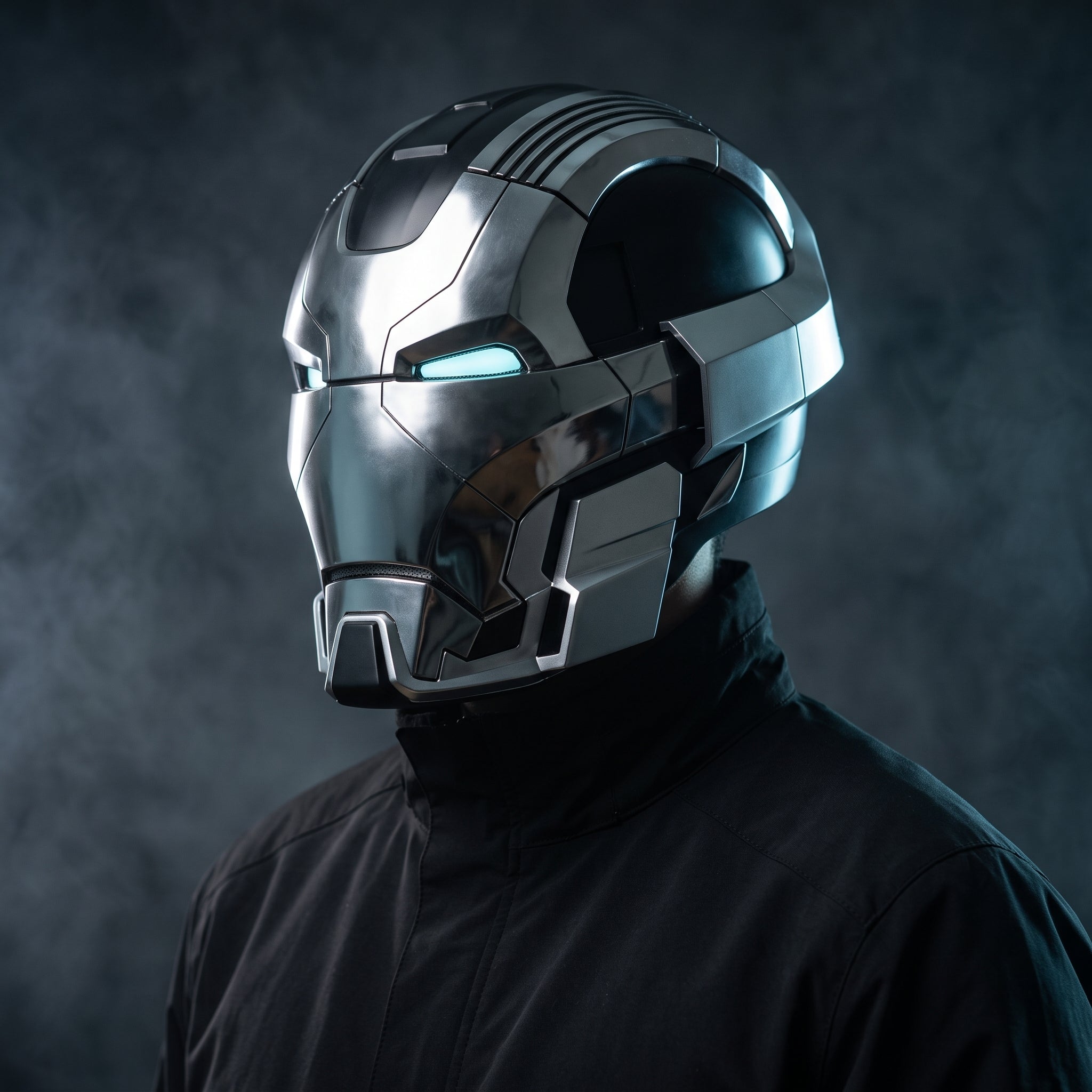 Adult wearing the chrome and black Mark XVII Iron Man helmet with the LED eyes lit