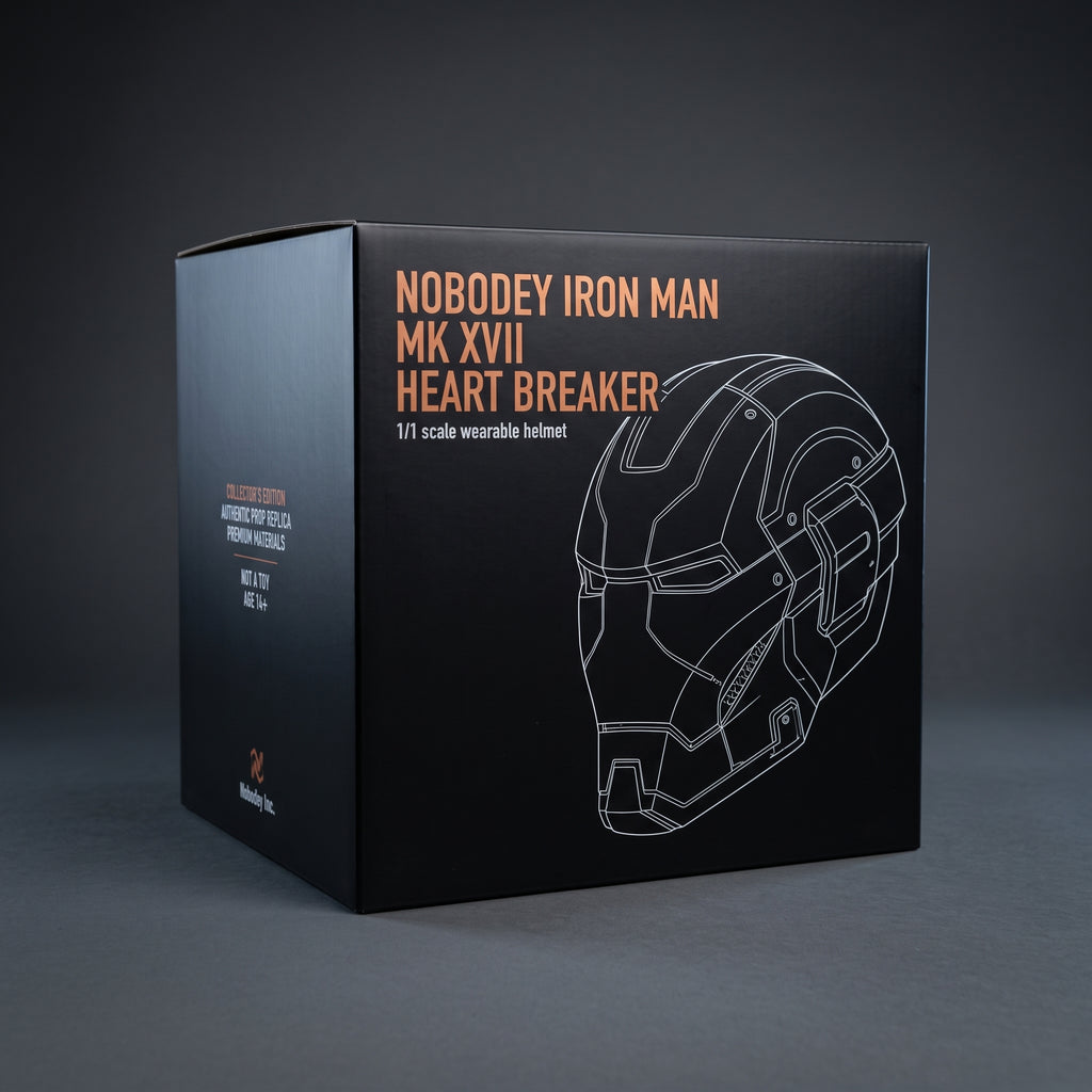 Mark XVII Iron Man helmet retail box, closed, showing the printed front and side artwork